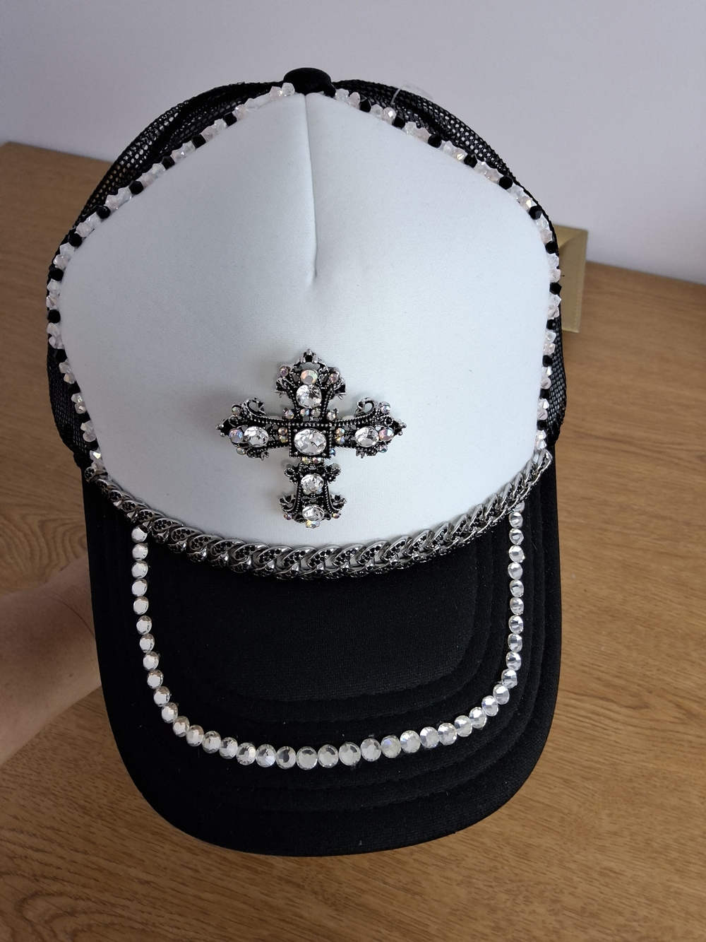 Black & White Mesh Black Trucker Hat Rhinestone Cross Glass Stone Trim Adjustabl